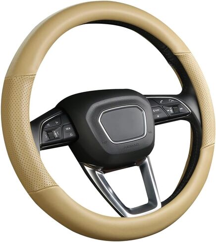 Cxtiy Genuine Leather Steering Wheel Cover with Ventilation Holes Luxury Cowhide,Breathable and Anti-Slip,14.5-15 inch(Beige) in Kuwait