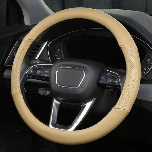 Cxtiy Genuine Leather Steering Wheel Cover with Ventilation Holes Luxury Cowhide,Breathable and Anti-Slip,14.5-15 inch(Beige) in Kuwait