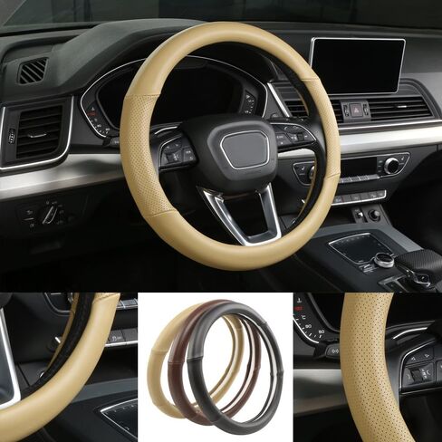 Cxtiy Genuine Leather Steering Wheel Cover with Ventilation Holes Luxury Cowhide,Breathable and Anti-Slip,14.5-15 inch(Beige) in Kuwait