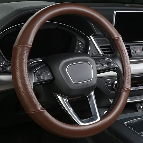 غطاء عجلة القيادة الجلدية الأصلية مع ثقوب التهوية جلد البقر الفاخر ، والتنفس ومضاد للانزلاق ، 14.5-15 بوصة (بيج) in Kuwait