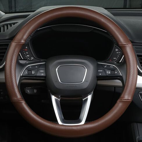 غطاء عجلة القيادة الجلدية الأصلية مع ثقوب التهوية جلد البقر الفاخر ، والتنفس ومضاد للانزلاق ، 14.5-15 بوصة (بيج) in Kuwait