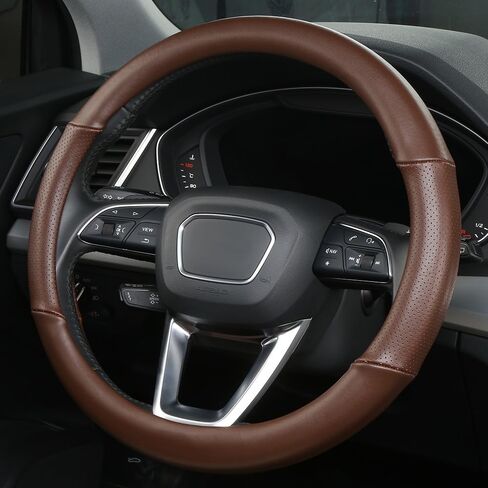 غطاء عجلة القيادة الجلدية الأصلية مع ثقوب التهوية جلد البقر الفاخر ، والتنفس ومضاد للانزلاق ، 14.5-15 بوصة (بيج) in Kuwait