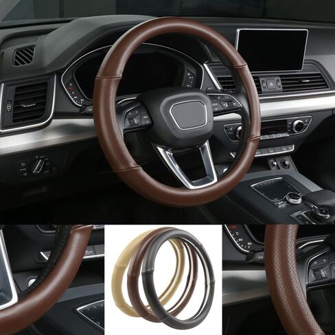 غطاء عجلة القيادة الجلدية الأصلية مع ثقوب التهوية جلد البقر الفاخر ، والتنفس ومضاد للانزلاق ، 14.5-15 بوصة (بيج) in Kuwait