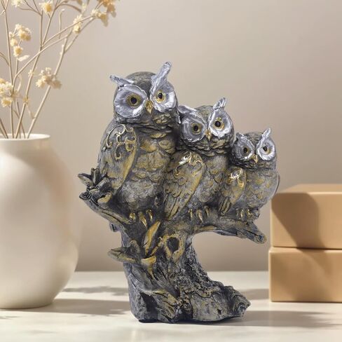 Realistic Design Family Three Owls On Branch Figurine Vintage Resin Statue Sculptures Indoor Table Shelf Accents Home Decor Office (White) in Kuwait