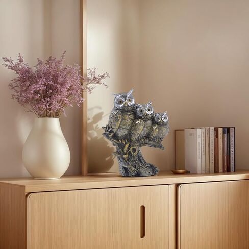 Realistic Design Family Three Owls On Branch Figurine Vintage Resin Statue Sculptures Indoor Table Shelf Accents Home Decor Office (White) in Kuwait