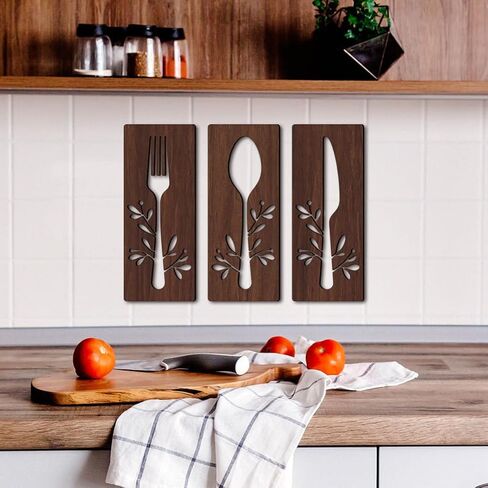 GANAZONO 1 Set Wooden Sign for Kitchen Wall Decor Fork Spoon Cutter Wall Hanging Sign Eat Sign Decorations for Kitchen Sign Dinning Room Restaurant Coffee Shop Brown in Saudi Arabia