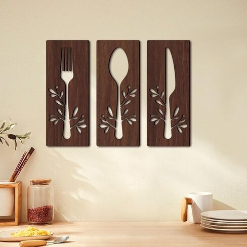 GANAZONO 1 Set Wooden Sign for Kitchen Wall Decor Fork Spoon Cutter Wall Hanging Sign Eat Sign Decorations for Kitchen Sign Dinning Room Restaurant Coffee Shop Brown in Saudi Arabia
