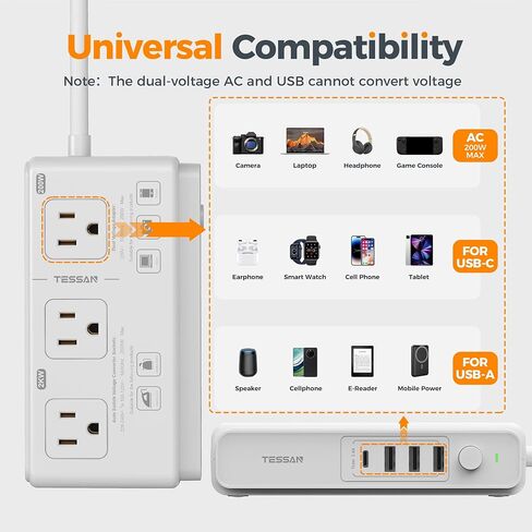 220V to 110V Converter, TESSAN Travel Voltage Converter with 4 USB Ports (1 USB C), 3 AC Outlet and EU UK AU IT Universal Travel Adaptor, Step Down Transformer Power Outlet Adapter Combo Black in Kuwait