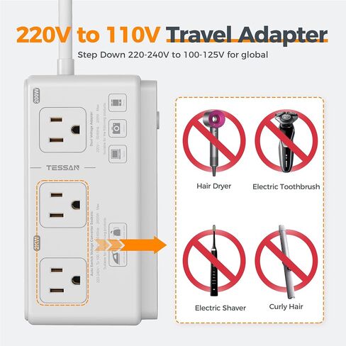 220V to 110V Converter, TESSAN Travel Voltage Converter with 4 USB Ports (1 USB C), 3 AC Outlet and EU UK AU IT Universal Travel Adaptor, Step Down Transformer Power Outlet Adapter Combo Black in Kuwait