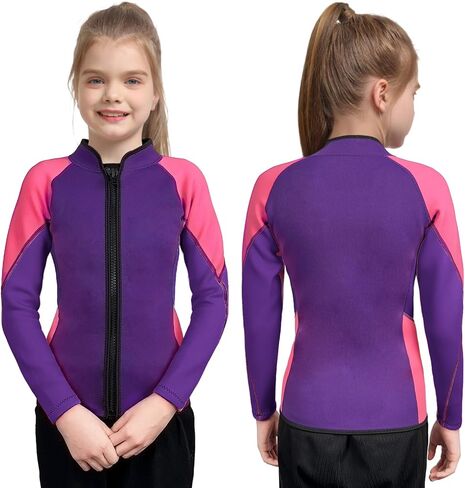 Kids Wetsuit Top for Girls 2mm Neoprene Jacket Long Sleeve Front Zipper Swimsuit Keep Warm Swimwear for Surfing Swimming Diving in Saudi Arabia