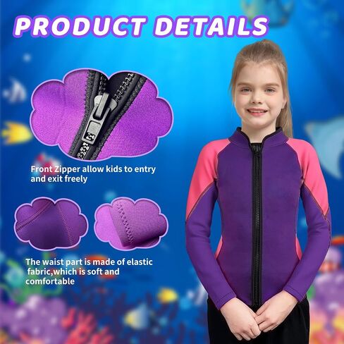 Kids Wetsuit Top for Girls 2mm Neoprene Jacket Long Sleeve Front Zipper Swimsuit Keep Warm Swimwear for Surfing Swimming Diving in Saudi Arabia