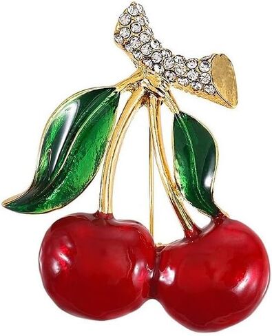 Cute Cherry Rhinestone Fruit Brooch Pin for Women Gold Plated Red Green Enamel Leaf Brooches Lapel Pins Dainty Dress Accessories Jewelry for Hat Bag Suit Tie in Saudi Arabia