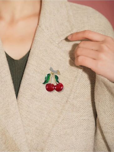 Cute Cherry Rhinestone Fruit Brooch Pin for Women Gold Plated Red Green Enamel Leaf Brooches Lapel Pins Dainty Dress Accessories Jewelry for Hat Bag Suit Tie in Saudi Arabia