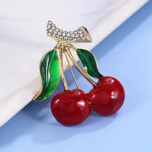 Cute Cherry Rhinestone Fruit Brooch Pin for Women Gold Plated Red Green Enamel Leaf Brooches Lapel Pins Dainty Dress Accessories Jewelry for Hat Bag Suit Tie in Saudi Arabia