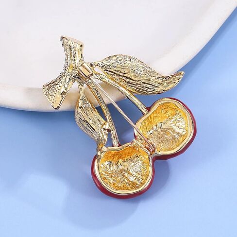 Cute Cherry Rhinestone Fruit Brooch Pin for Women Gold Plated Red Green Enamel Leaf Brooches Lapel Pins Dainty Dress Accessories Jewelry for Hat Bag Suit Tie in Saudi Arabia