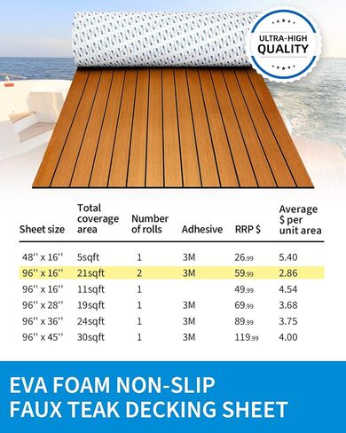 OCEANBROAD EVA Foam Boat Flooring with 3M Adhesive Backing Marine Self-Adhesive Decking 96''x45.6''/36''/28.8''/16.8'', 48''x16.8'' Faux Teak Sheet for Jon Boats Swim Platform Helm Pad RV Floor in Saudi Arabia