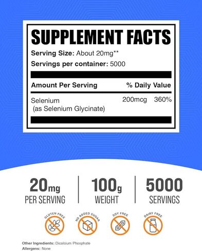 BulkSupplements.com Selenium Glycinate Powder - Selenium 200mcg, Selenium Supplement - Essential Trace Mineral & Gluten Free, 20mg per Serving, 250g (8.8 oz) (Pack of 1) in Kuwait