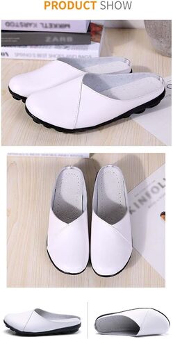 Women's Leather Mules Backless Loafers Slip-on Round Toe Flat Shoes Closed Toe Comfortable Summer Slipper Non-Slip Flat Shoes in Kuwait