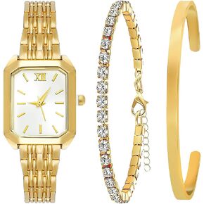NEWITIN 3 Pieces Women Gold Watch Bracelets Set Fashion Costume Jewelry Stainless Steel Gold Plated Square Wristwatch Diamond Bangle Bracelet Watch Jewelry Set for Women in Kuwait