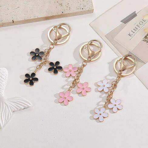 3Pcs Cute Keychain for Women, Flower Enamel Charm Keyring for Handbag Backpack Purse（White,Pink,Black in Saudi Arabia