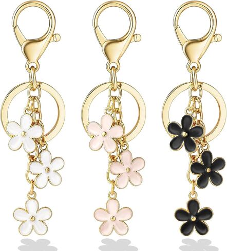 3Pcs Cute Keychain for Women, Flower Enamel Charm Keyring for Handbag Backpack Purse（White,Pink,Black in Saudi Arabia