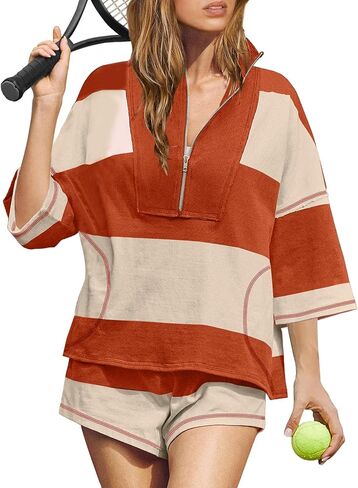 Wyeysyt Womens Striped 2 Piece Sets Summer Workout Outfits Oversized Lounge Set Going Out Pullover and Shorts in Saudi Arabia