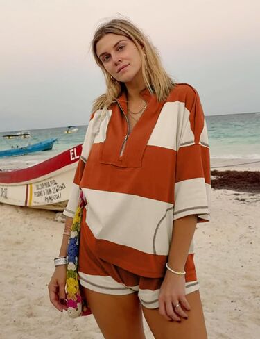 Wyeysyt Womens Striped 2 Piece Sets Summer Workout Outfits Oversized Lounge Set Going Out Pullover and Shorts in Saudi Arabia