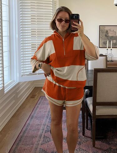 Wyeysyt Womens Striped 2 Piece Sets Summer Workout Outfits Oversized Lounge Set Going Out Pullover and Shorts in Saudi Arabia