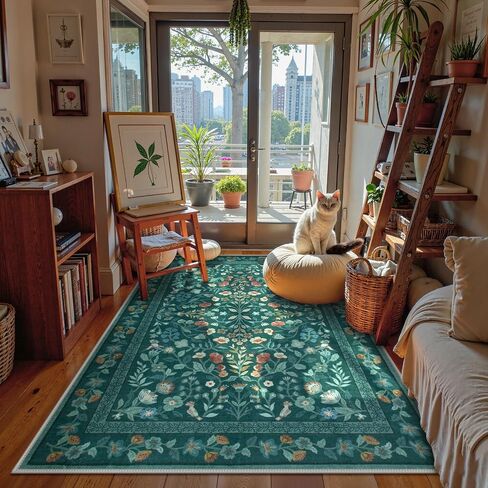 Lahome Floral Washable Area Rugs 8x10, Non-Slip Living Room Ruggables Carpet Soft Tumble Washable Rugs for Bedroom Nursery, Vintage Botanical Print Carpet for Classroom Kids Room Dining Room, Black in Saudi Arabia