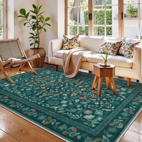Lahome Floral Washable Area Rugs 8x10, Non-Slip Living Room Ruggables Carpet Soft Tumble Washable Rugs for Bedroom Nursery, Vintage Botanical Print Carpet for Classroom Kids Room Dining Room, Black in Saudi Arabia