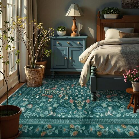 Lahome Floral Washable Area Rugs 8x10, Non-Slip Living Room Ruggables Carpet Soft Tumble Washable Rugs for Bedroom Nursery, Vintage Botanical Print Carpet for Classroom Kids Room Dining Room, Black in Saudi Arabia