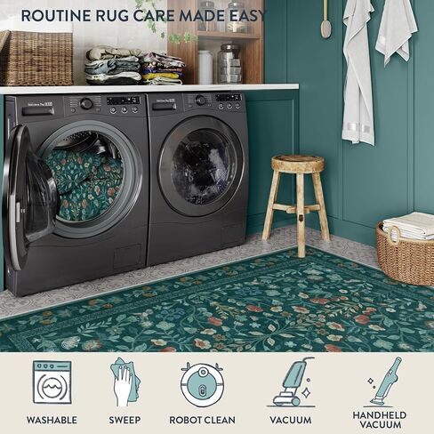 Lahome Floral Washable Area Rugs 8x10, Non-Slip Living Room Ruggables Carpet Soft Tumble Washable Rugs for Bedroom Nursery, Vintage Botanical Print Carpet for Classroom Kids Room Dining Room, Black in Saudi Arabia