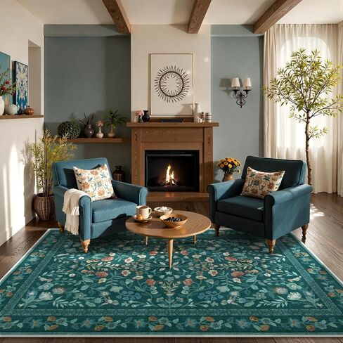 Lahome Floral Washable Area Rugs 8x10, Non-Slip Living Room Ruggables Carpet Soft Tumble Washable Rugs for Bedroom Nursery, Vintage Botanical Print Carpet for Classroom Kids Room Dining Room, Black in Saudi Arabia