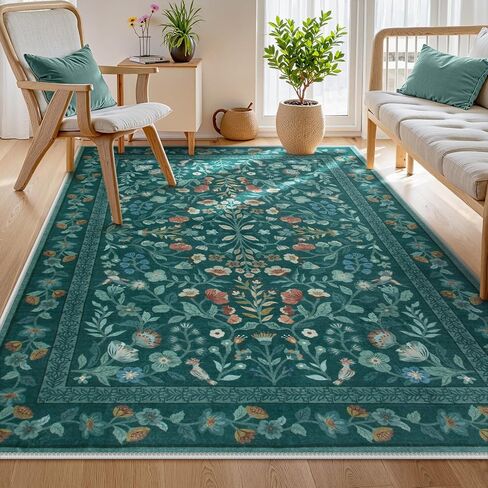 Lahome Floral Washable Area Rugs 8x10, Non-Slip Living Room Ruggables Carpet Soft Tumble Washable Rugs for Bedroom Nursery, Vintage Botanical Print Carpet for Classroom Kids Room Dining Room, Black in Saudi Arabia