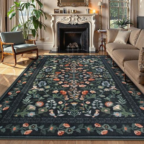 Lahome Floral Washable Area Rugs 8x10, Non-Slip Living Room Ruggables Carpet Soft Tumble Washable Rugs for Bedroom Nursery, Vintage Botanical Print Carpet for Classroom Kids Room Dining Room, Black in Saudi Arabia
