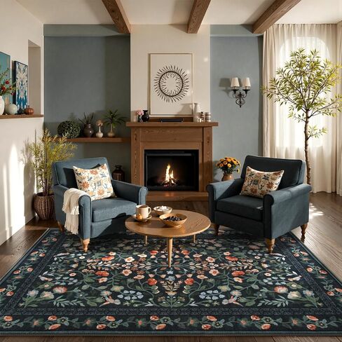 Lahome Floral Washable Area Rugs 8x10, Non-Slip Living Room Ruggables Carpet Soft Tumble Washable Rugs for Bedroom Nursery, Vintage Botanical Print Carpet for Classroom Kids Room Dining Room, Black in Saudi Arabia