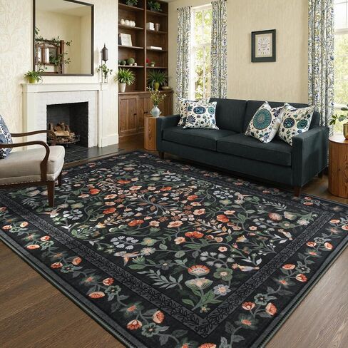 Lahome Floral Washable Area Rugs 8x10, Non-Slip Living Room Ruggables Carpet Soft Tumble Washable Rugs for Bedroom Nursery, Vintage Botanical Print Carpet for Classroom Kids Room Dining Room, Black in Saudi Arabia
