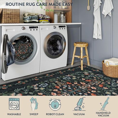 Lahome Floral Washable Area Rugs 8x10, Non-Slip Living Room Ruggables Carpet Soft Tumble Washable Rugs for Bedroom Nursery, Vintage Botanical Print Carpet for Classroom Kids Room Dining Room, Black in Saudi Arabia