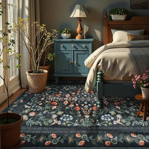Lahome Floral Washable Area Rugs 8x10, Non-Slip Living Room Ruggables Carpet Soft Tumble Washable Rugs for Bedroom Nursery, Vintage Botanical Print Carpet for Classroom Kids Room Dining Room, Black in Saudi Arabia