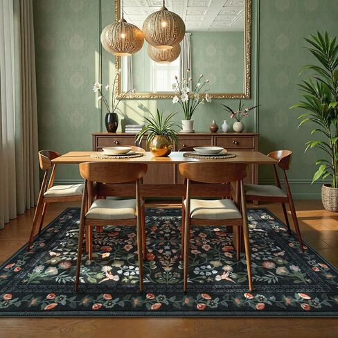 Lahome Floral Washable Area Rugs 8x10, Non-Slip Living Room Ruggables Carpet Soft Tumble Washable Rugs for Bedroom Nursery, Vintage Botanical Print Carpet for Classroom Kids Room Dining Room, Black in Saudi Arabia