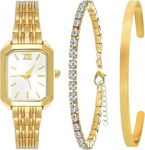 NEWITIN 3 Pieces Women Gold Watch Bracelets Set Fashion Costume Jewelry Stainless Steel Gold Plated Square Wristwatch Diamond Bangle Bracelet Watch Jewelry Set for Women in Saudi Arabia
