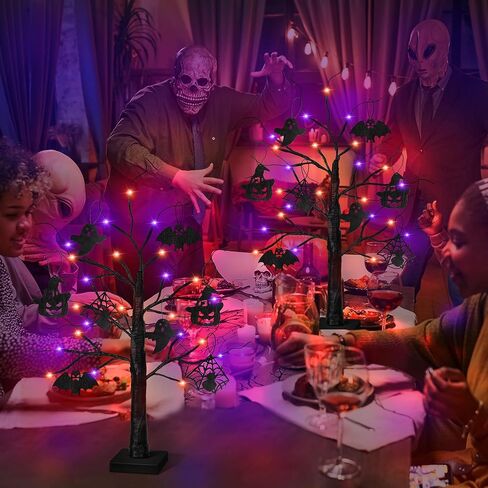 ديكورات الهالوين الداخلية 2 حزمة 24 بوصة شجرة هالوين سوداء مع 24 LED الأضواء الأرجواني البرتقالي ، USB/بطارية تدير الهالوين زخارف شجرة ضوء الشجرة مع مؤقت ، مخيف مخيف المنزل ديكور in Kuwait