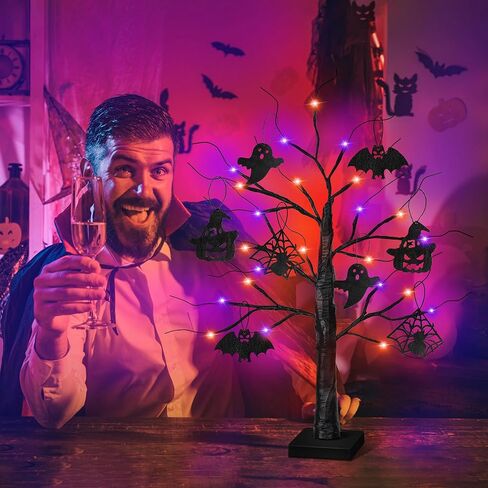 ديكورات الهالوين الداخلية 2 حزمة 24 بوصة شجرة هالوين سوداء مع 24 LED الأضواء الأرجواني البرتقالي ، USB/بطارية تدير الهالوين زخارف شجرة ضوء الشجرة مع مؤقت ، مخيف مخيف المنزل ديكور in Kuwait