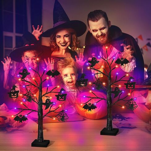 ديكورات الهالوين الداخلية 2 حزمة 24 بوصة شجرة هالوين سوداء مع 24 LED الأضواء الأرجواني البرتقالي ، USB/بطارية تدير الهالوين زخارف شجرة ضوء الشجرة مع مؤقت ، مخيف مخيف المنزل ديكور in Kuwait