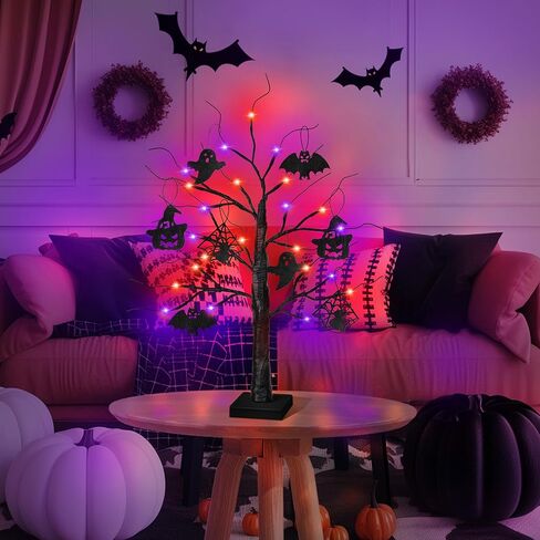 ديكورات الهالوين الداخلية 2 حزمة 24 بوصة شجرة هالوين سوداء مع 24 LED الأضواء الأرجواني البرتقالي ، USB/بطارية تدير الهالوين زخارف شجرة ضوء الشجرة مع مؤقت ، مخيف مخيف المنزل ديكور in Kuwait