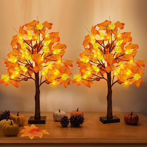 2 Pack Prelit Fall Maple Tree Thanksgiving Decorations with 48 LED Lights Battery Operated Timer Light Up Artificial Pumpkin Acorn Maple Tree for Fall Table Thanksgiving Home Indoor Halloween Decor in Saudi Arabia