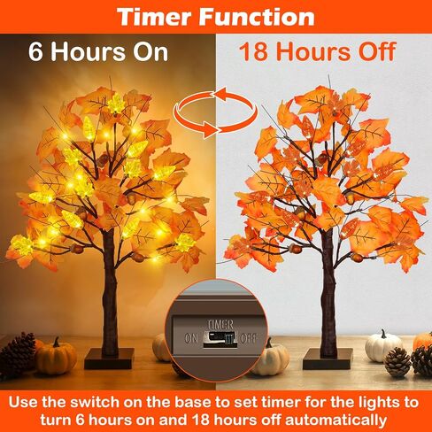 2 Pack Prelit Fall Maple Tree Thanksgiving Decorations with 48 LED Lights Battery Operated Timer Light Up Artificial Pumpkin Acorn Maple Tree for Fall Table Thanksgiving Home Indoor Halloween Decor in Saudi Arabia