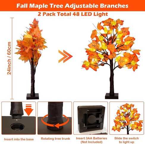 2 Pack Prelit Fall Maple Tree Thanksgiving Decorations with 48 LED Lights Battery Operated Timer Light Up Artificial Pumpkin Acorn Maple Tree for Fall Table Thanksgiving Home Indoor Halloween Decor in Saudi Arabia