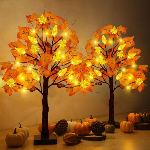 2 Pack Prelit Fall Maple Tree Thanksgiving Decorations with 48 LED Lights Battery Operated Timer Light Up Artificial Pumpkin Acorn Maple Tree for Fall Table Thanksgiving Home Indoor Halloween Decor in Saudi Arabia