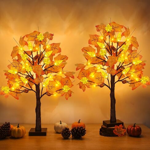 2 Pack Prelit Fall Maple Tree Thanksgiving Decorations with 48 LED Lights Battery Operated Timer Light Up Artificial Pumpkin Acorn Maple Tree for Fall Table Thanksgiving Home Indoor Halloween Decor in Saudi Arabia